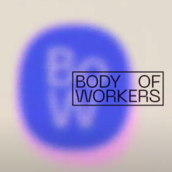 A blue circle in the center of a cream background with a faint "BoW" written in the middle. There's an overlay of the Body of Workers logo in black text.