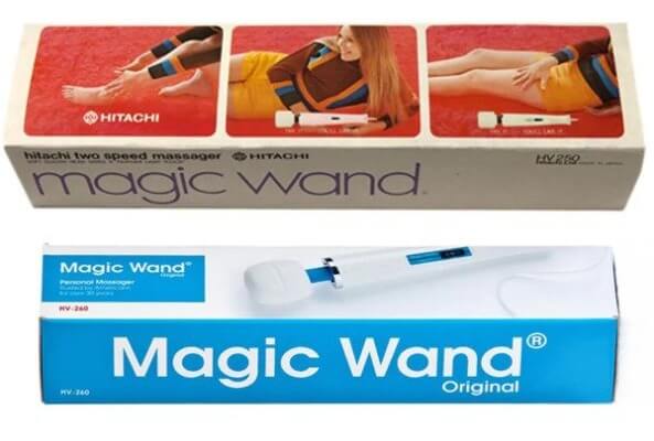 Two Magic Wand packages side-by-side. The first is the original from Hitachi, showing the company name and images of the device laying next to a woman. The second no longer has the company name and only shows one close-up image of the product. 