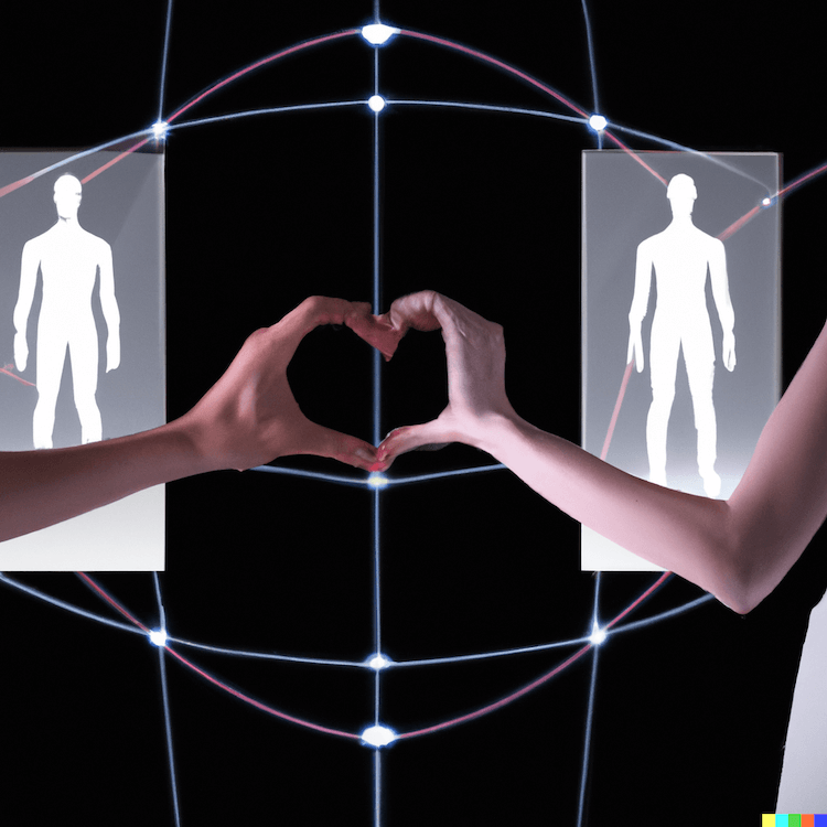 A DALL-E 2 generated image with two light-skinned arms reaching from each side of the frame. Their hands form a heart shape. Behind the arms are computer-like body outlines with other neon lines forming around.