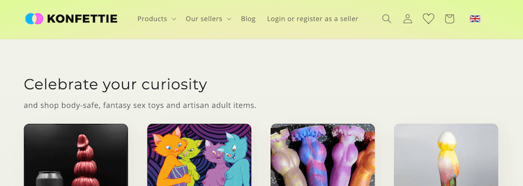 A screenshot from the front page of the Konfettie website. You can see the main menu plus a cut-off preview of some of the sellers. At the top it says "Celebrate your curiosity". 