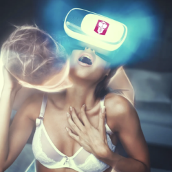 Woman wearing a VR headset showing the Ohmydoll logo. There's a ghostly man figure surrounding her and she's reaching out toward him.