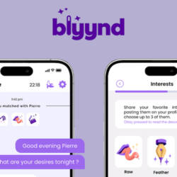 The Blyynd logo with two screens. One has a chat screen and one has the sexual desire options listed.
